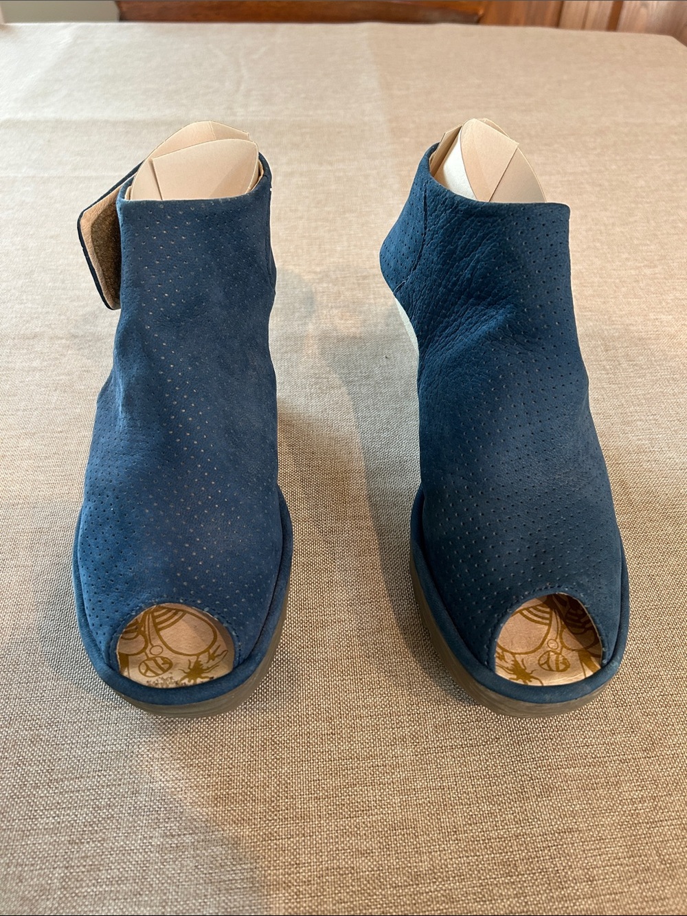 Fly London Navy Suede Peep-Toe Mules
